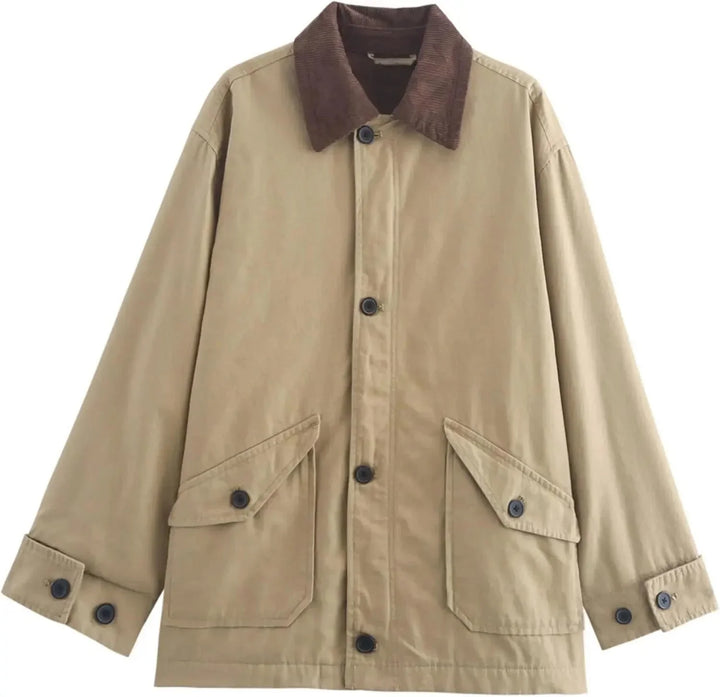Veste femme kaki à col en velours côtelé, coupe décontractée, idéale pour la mi-saison.