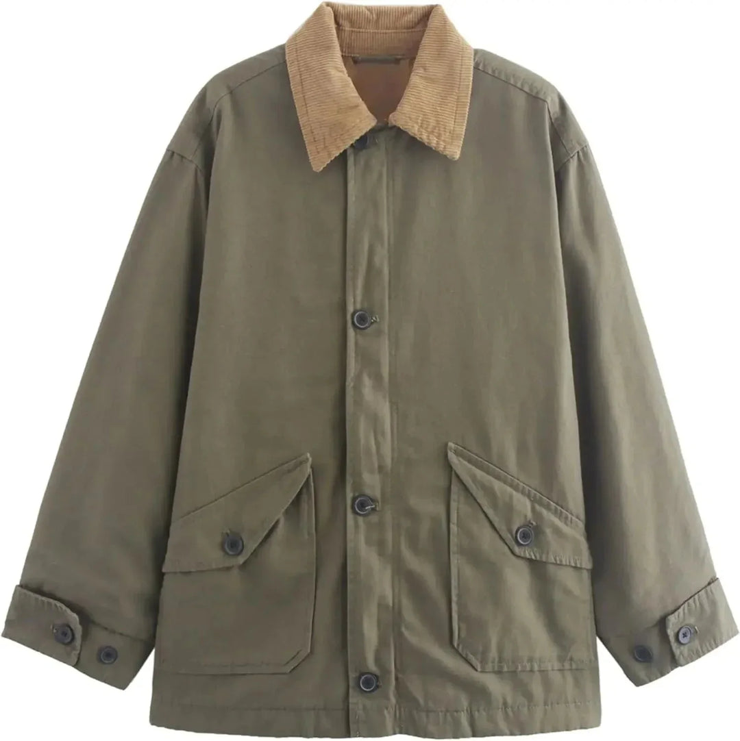 Veste de mi-saison femme verte avec col en velours côtelé, en mélange de coton, adaptée pour les saisons intermédiaires.