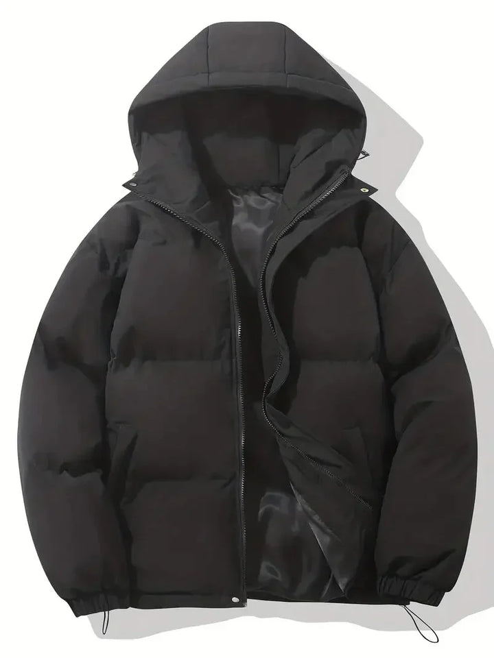 Veste d'hiver femme noire avec capuche ajustable et fermeture éclair, conçue pour le confort et la chaleur.