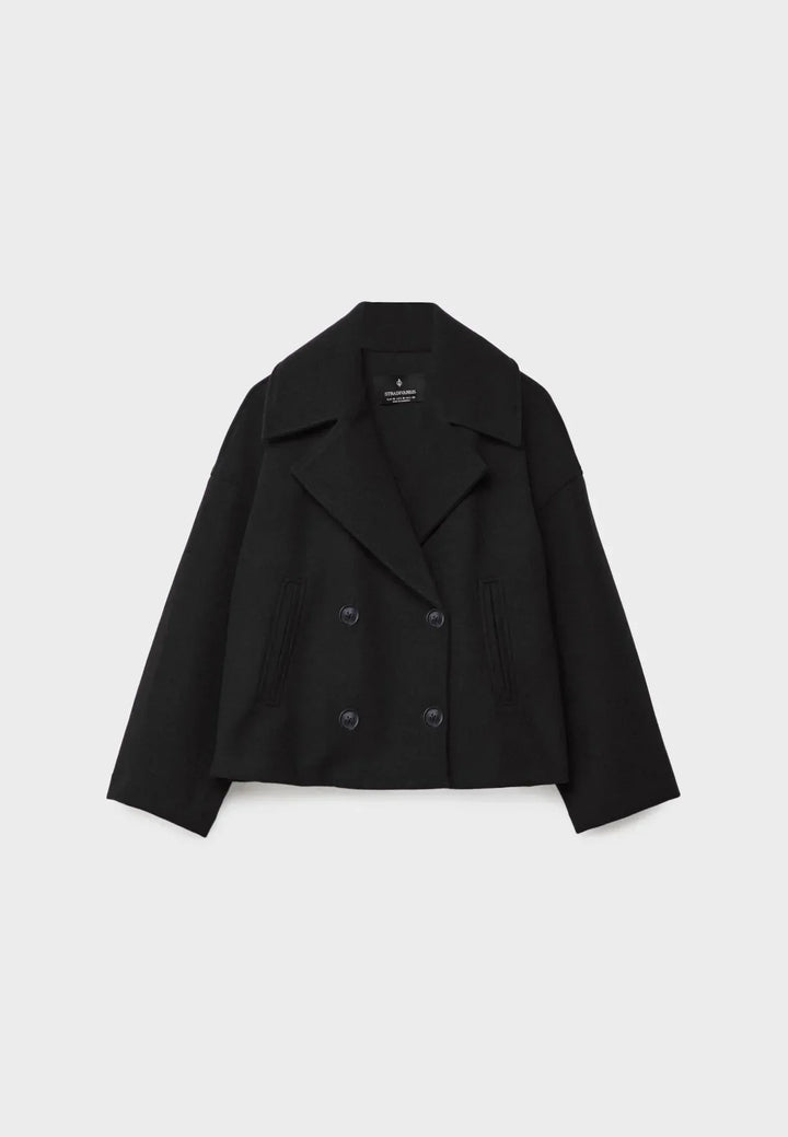 Veste femme courte beige à double boutonnage en mélange de coton, adaptée pour des occasions décontractées.