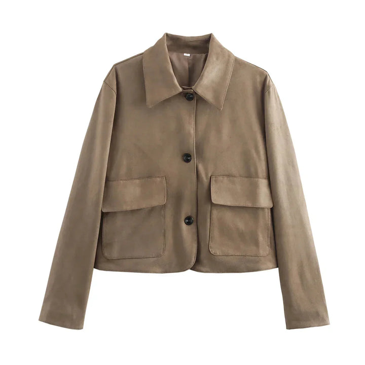 Veste femme marron avec boutons classiques et col, coupe élégante.