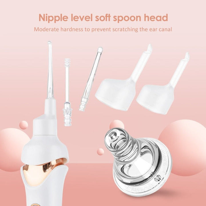 Set di strumenti per la pulizia delle orecchie, include cucchiai morbidi e testine intercambiabili, design ergonomico, prevenzione graffi, colore bianco e oro.