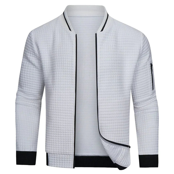 Giacca bomber bianca trapuntata da uomo, maniche lunghe, zip laterale, stile casual, moda autunno-inverno, tessuto leggero e confortevole.