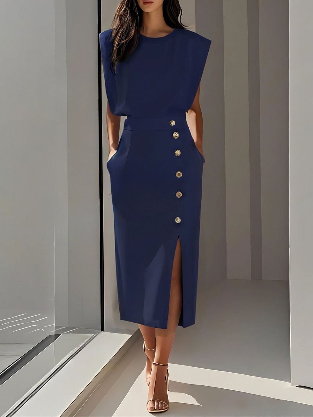 Abito Midi Donna Scollo Rotondo Spacco