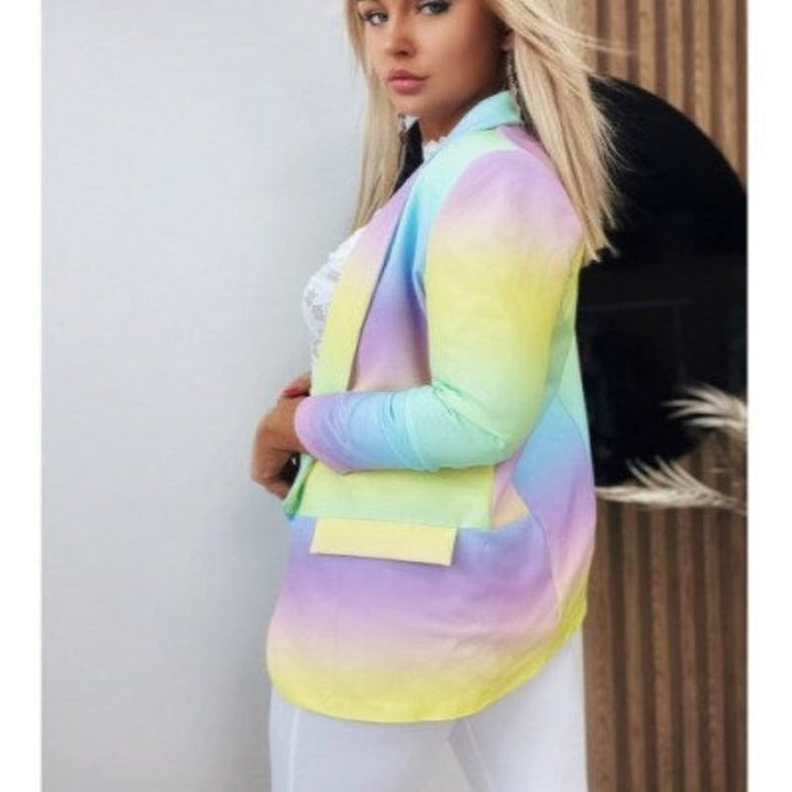 Giacca donna multicolore pastello, design sfumato, maniche lunghe, stile casual elegante, perfetta per moda primavera estate.