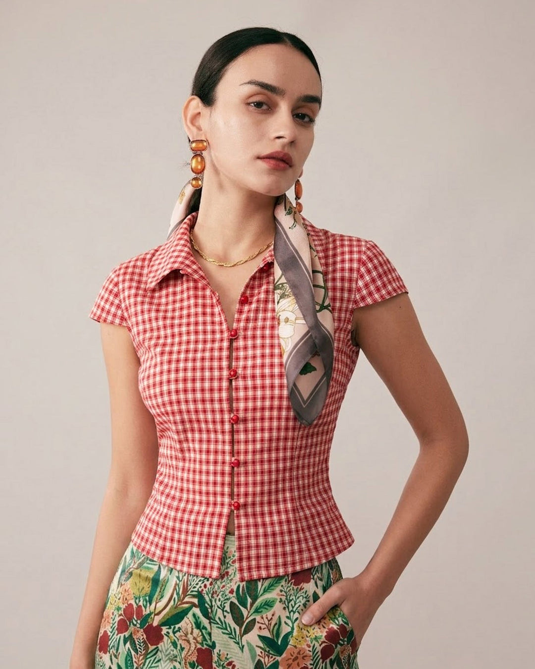 T-shirt Donna in Cotone Fantasia Quadri Regular