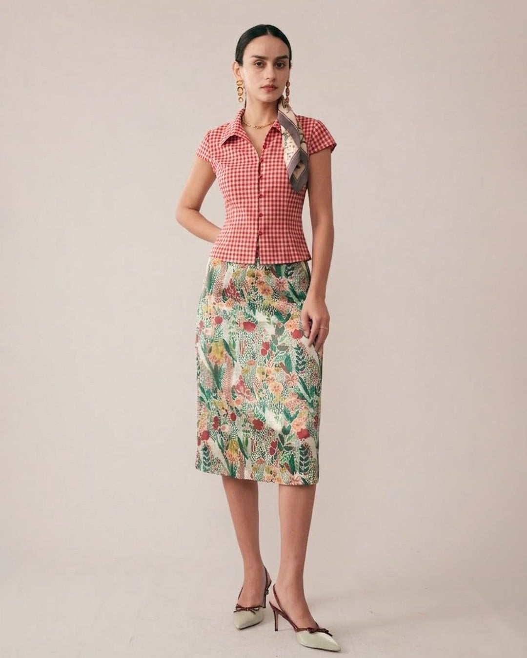 T-shirt Donna in Cotone Fantasia Quadri Regular