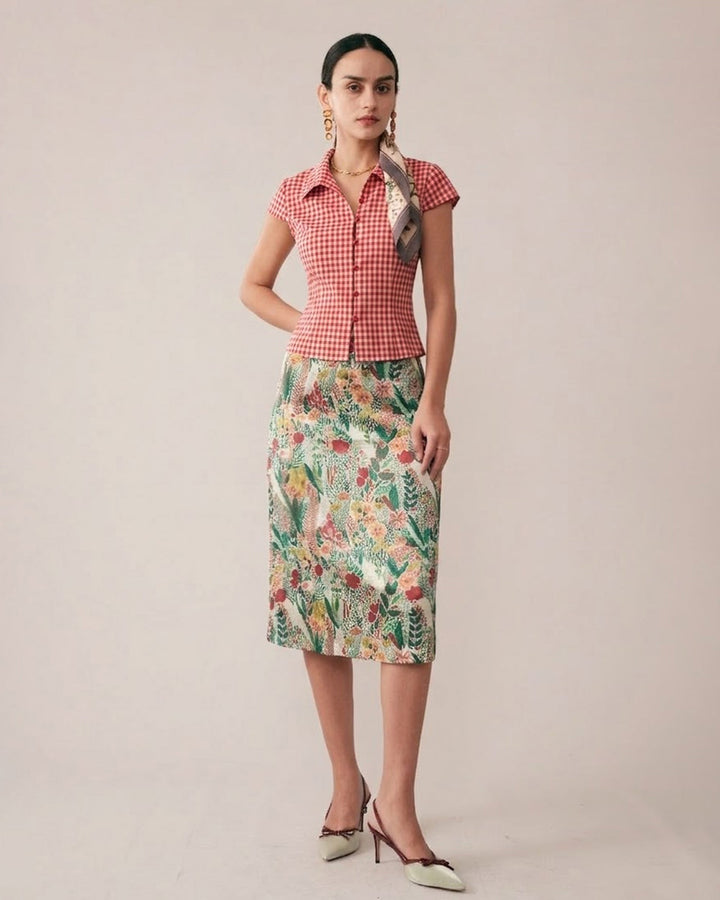 T-shirt Donna in Cotone Fantasia Quadri Regular
