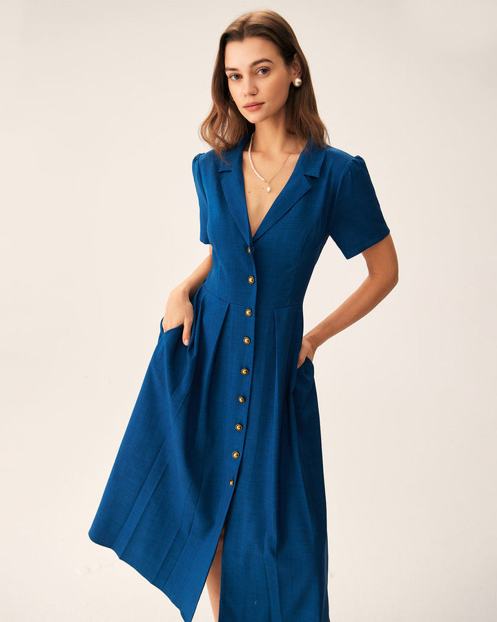 Abito Midi Donna Plissettato con Bottoni Frontali