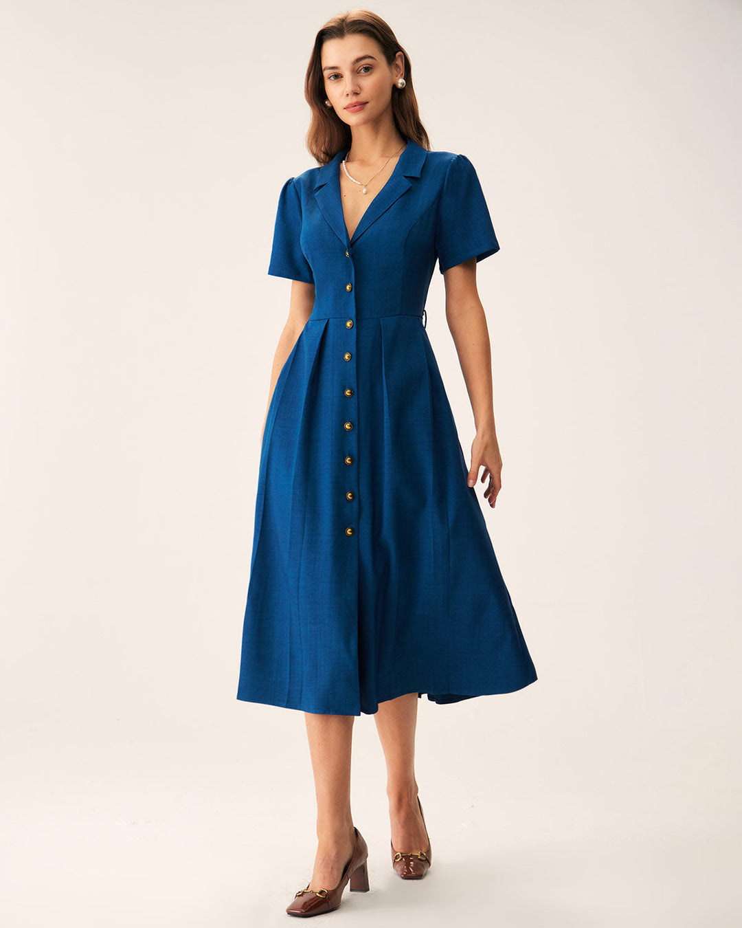 Abito Midi Donna Plissettato con Bottoni Frontali