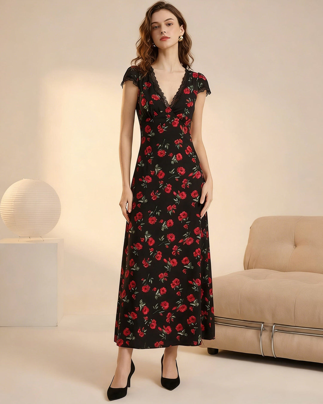 Abito Midi Donna Scollo a V Tessuto Leggero Estivo