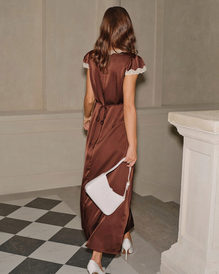 Abito lungo Donna in Raso con Pizzo Scollo a V