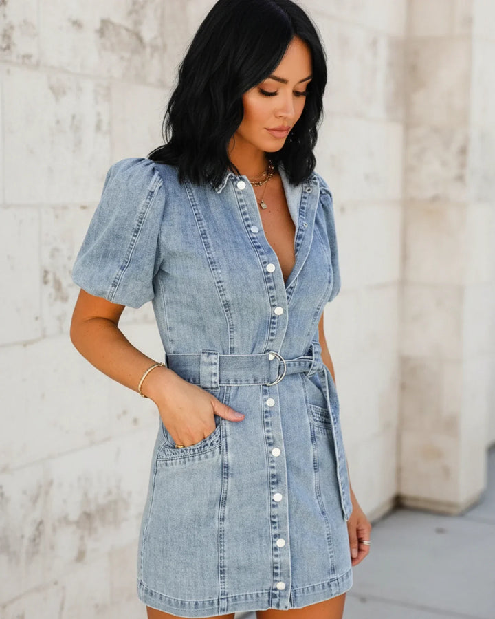 Abito Camicia Donna in Denim Vita Cinturata Stile Casual