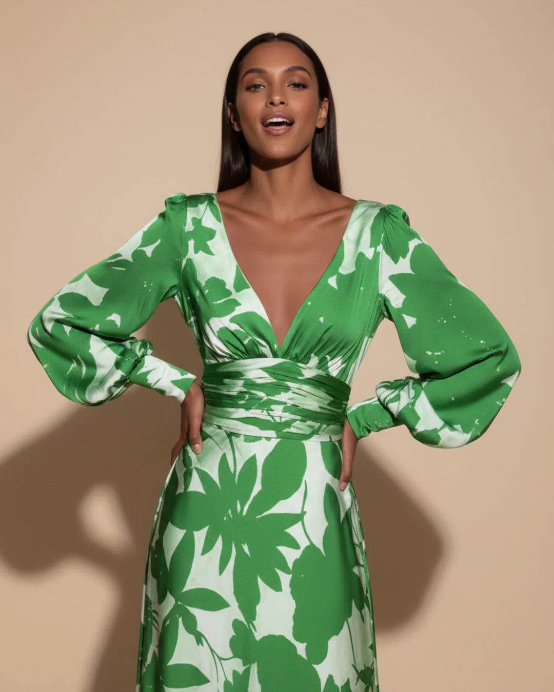 Abito Maxi Donna Floreale Scollo a V Maniche Bishop