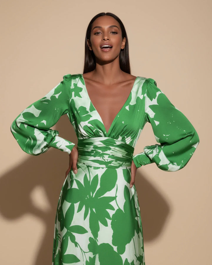 Abito Maxi Donna Floreale Scollo a V Maniche Bishop