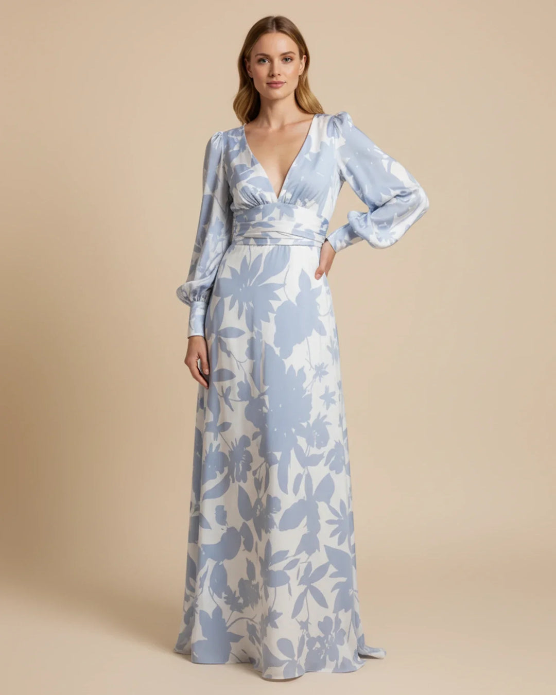 Abito Maxi Donna Floreale Scollo a V Maniche Bishop - Vesarelli