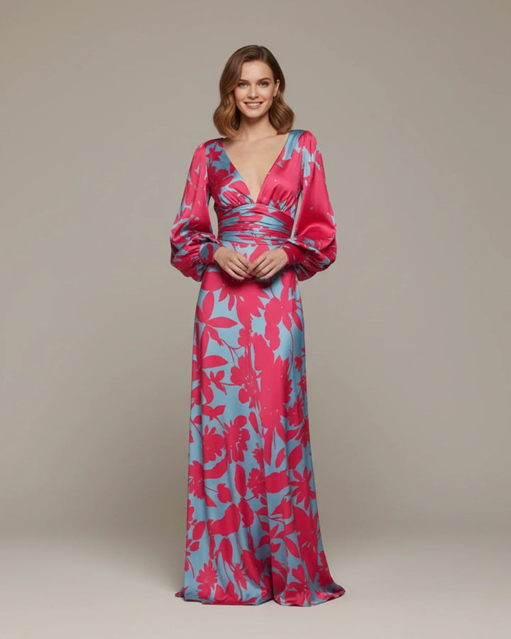 Abito Maxi Donna Floreale Scollo a V Maniche Bishop