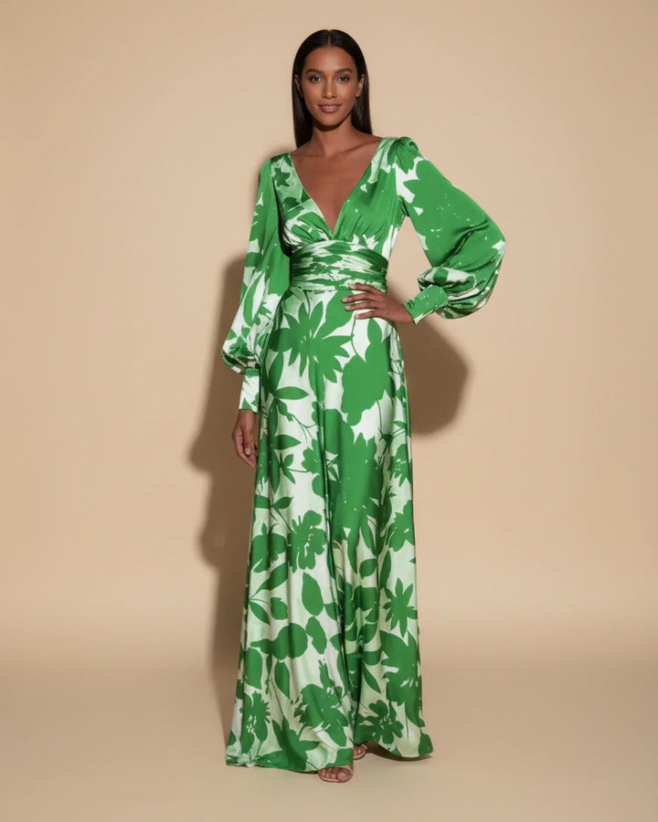 Abito Maxi Donna Floreale Scollo a V Maniche Bishop