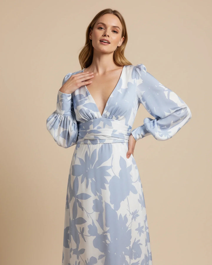 Abito Maxi Donna Floreale Scollo a V Maniche Bishop