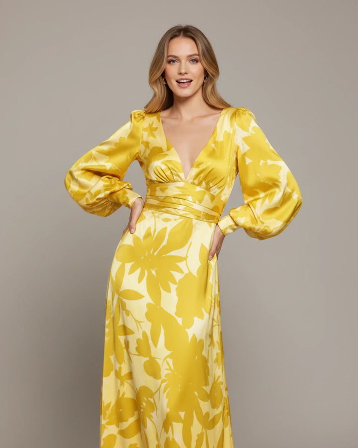 Abito Maxi Donna Floreale Scollo a V Maniche Bishop