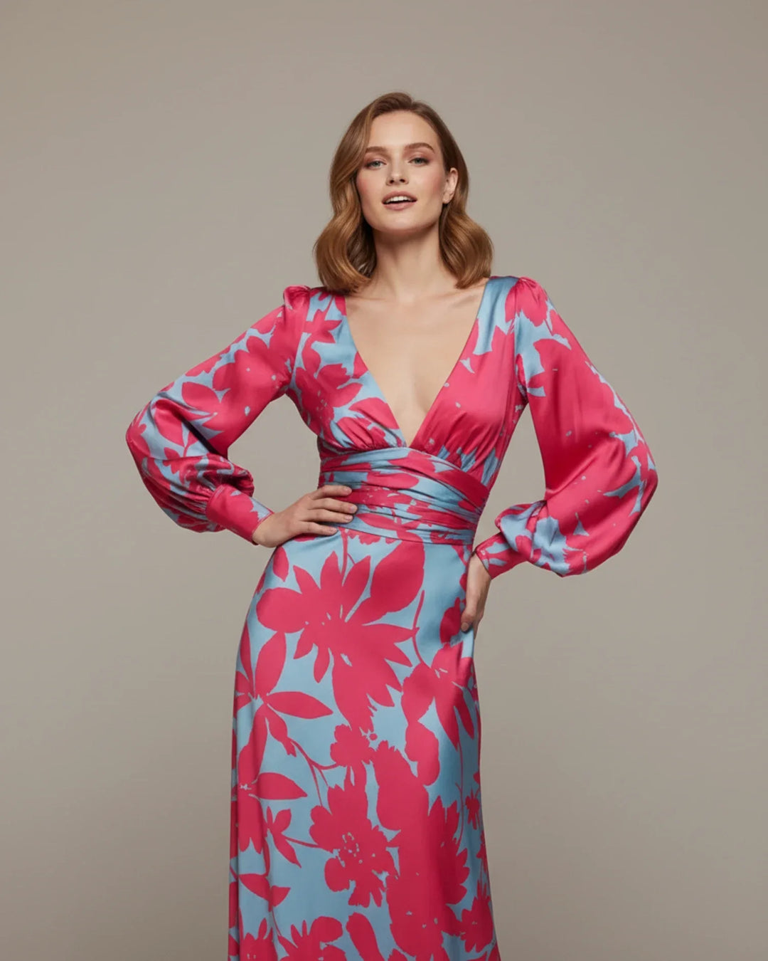 Abito Maxi Donna Floreale Scollo a V Maniche Bishop