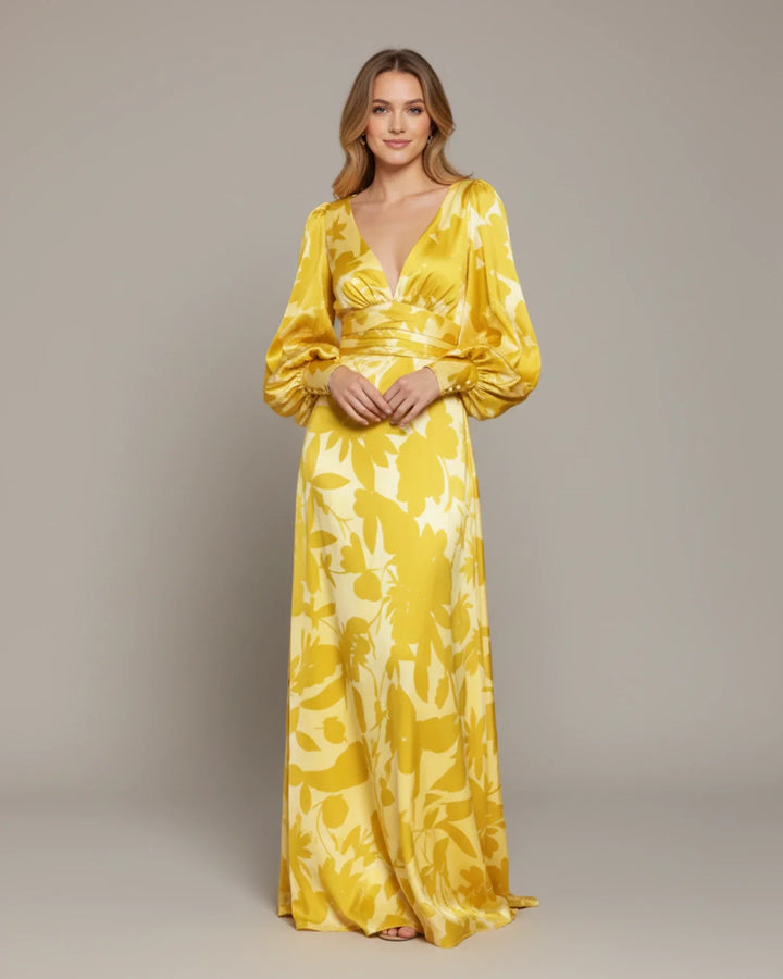 Abito Maxi Donna Floreale Scollo a V Maniche Bishop