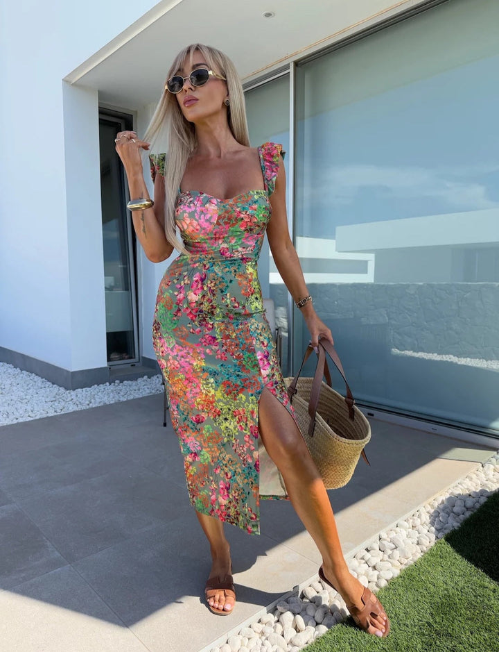 Abito Midi Donna Stampato Scollo a Cuore Spalline Arricciate Spacco - Vesarelli