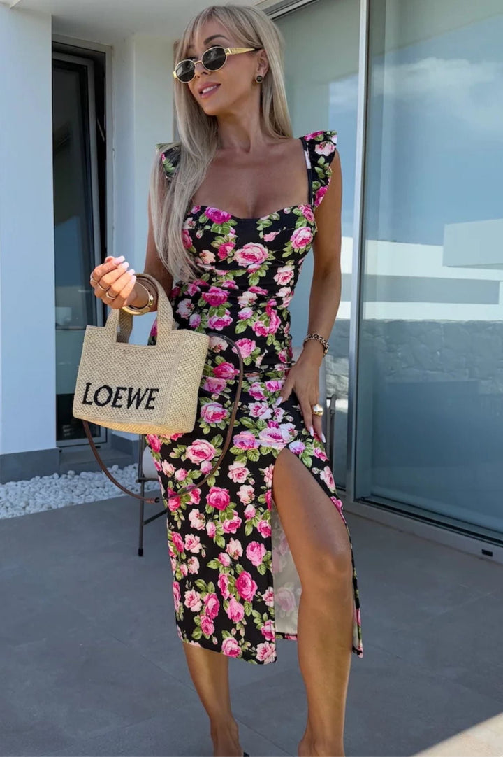 Abito Midi Donna Stampato Scollo a Cuore Spalline Arricciate Spacco