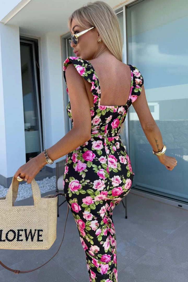 Abito Midi Donna Stampato Scollo a Cuore Spalline Arricciate Spacco
