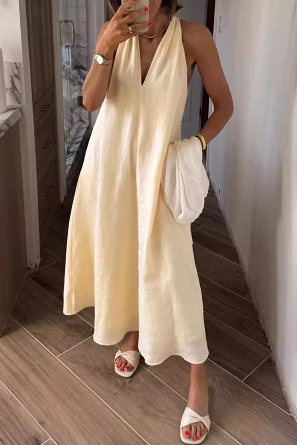 Abito lungo Donna Scollo a V Senza Maniche Tasche Comode