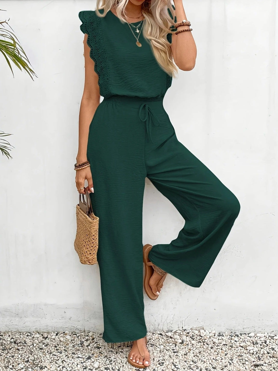 Set Donna Maniche Aletta Pizzo Pantaloni Gamba Larga
