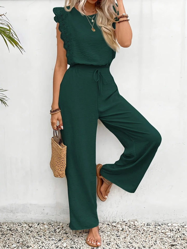 Set Donna Maniche Aletta Pizzo Pantaloni Gamba Larga