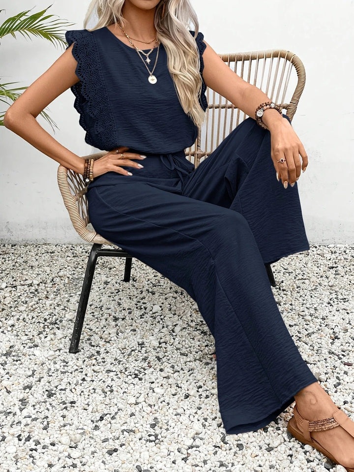 Set Donna Maniche Aletta Pizzo Pantaloni Gamba Larga