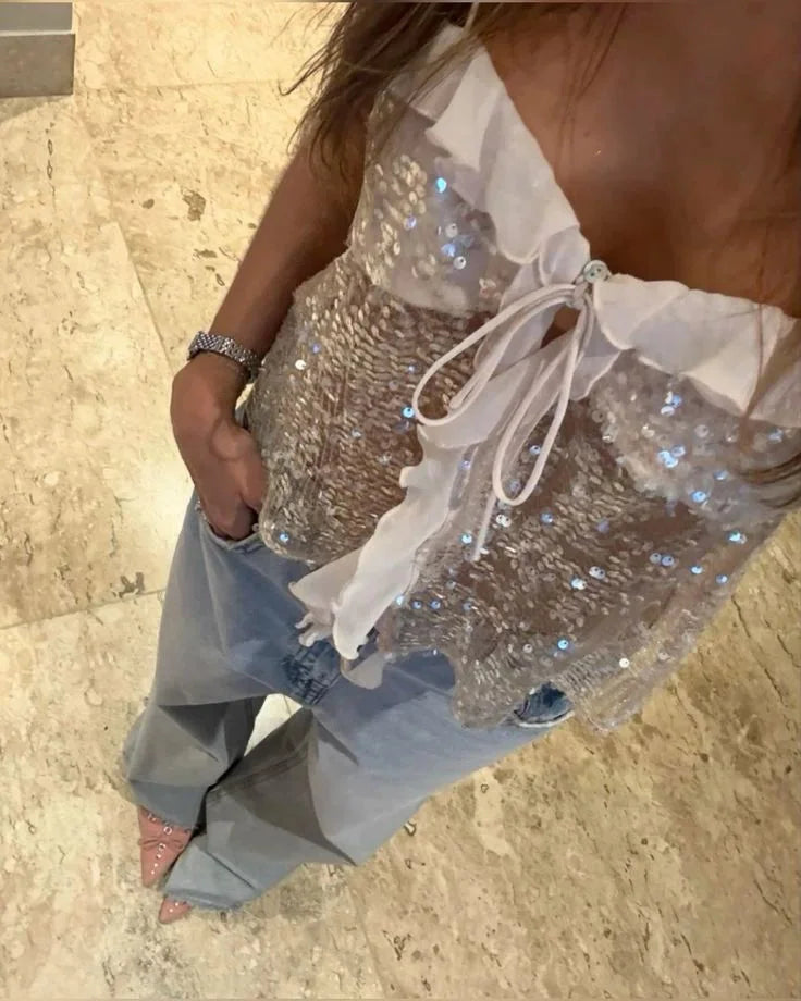 Donna Crop Paillettes Bretelle Sottili Volant Organza - Vesarelli