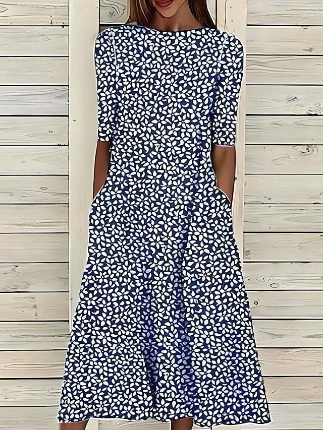 Abito Midi Donna Stampa Floreale Scollo Tondo Estivo